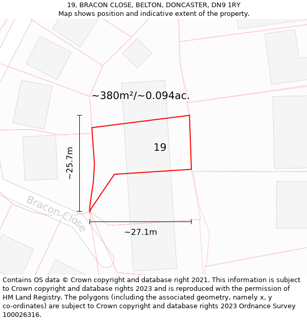 19, BRACON CLOSE, BELTON, DONCASTER, DN9 1RY: Plot and title map