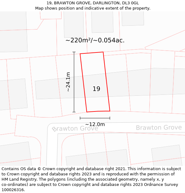19, BRAWTON GROVE, DARLINGTON, DL3 0GL: Plot and title map