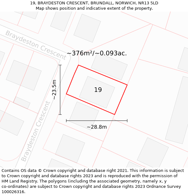 19, BRAYDESTON CRESCENT, BRUNDALL, NORWICH, NR13 5LD: Plot and title map