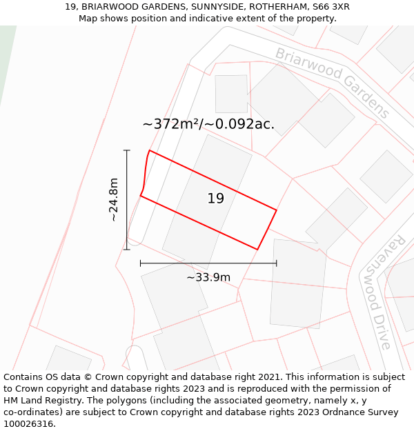 19, BRIARWOOD GARDENS, SUNNYSIDE, ROTHERHAM, S66 3XR: Plot and title map