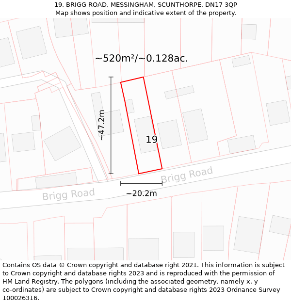 19, BRIGG ROAD, MESSINGHAM, SCUNTHORPE, DN17 3QP: Plot and title map