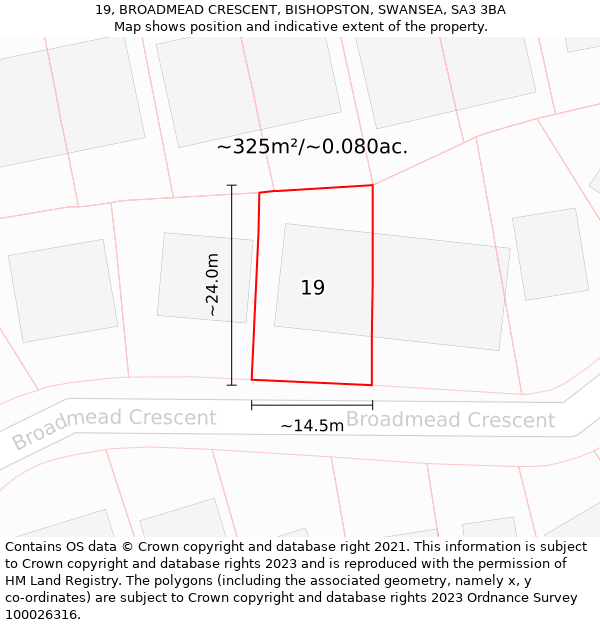 19, BROADMEAD CRESCENT, BISHOPSTON, SWANSEA, SA3 3BA: Plot and title map