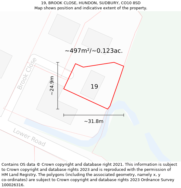 19, BROOK CLOSE, HUNDON, SUDBURY, CO10 8SD: Plot and title map