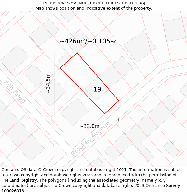 19, BROOKES AVENUE, CROFT, LEICESTER, LE9 3GJ: Plot and title map