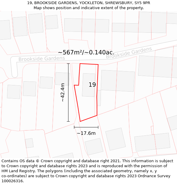 19, BROOKSIDE GARDENS, YOCKLETON, SHREWSBURY, SY5 9PR: Plot and title map