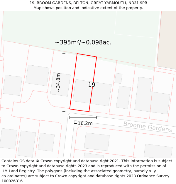 19, BROOM GARDENS, BELTON, GREAT YARMOUTH, NR31 9PB: Plot and title map
