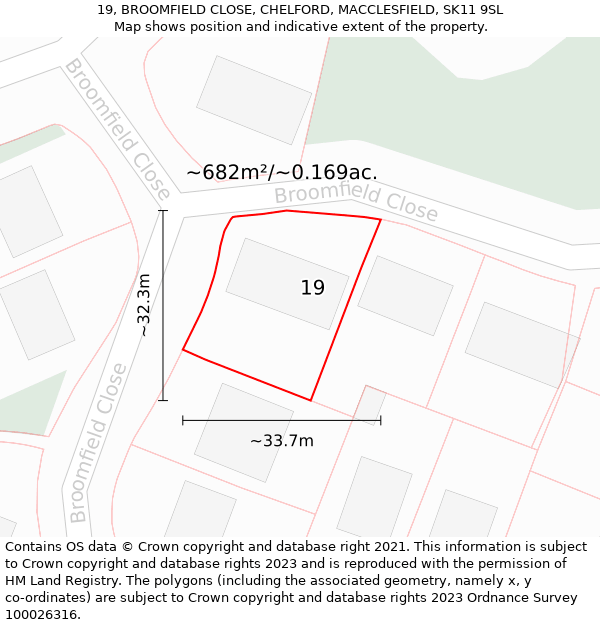 19, BROOMFIELD CLOSE, CHELFORD, MACCLESFIELD, SK11 9SL: Plot and title map