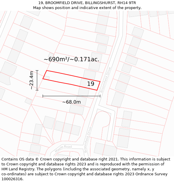 19, BROOMFIELD DRIVE, BILLINGSHURST, RH14 9TR: Plot and title map