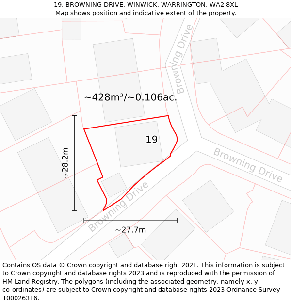 19, BROWNING DRIVE, WINWICK, WARRINGTON, WA2 8XL: Plot and title map