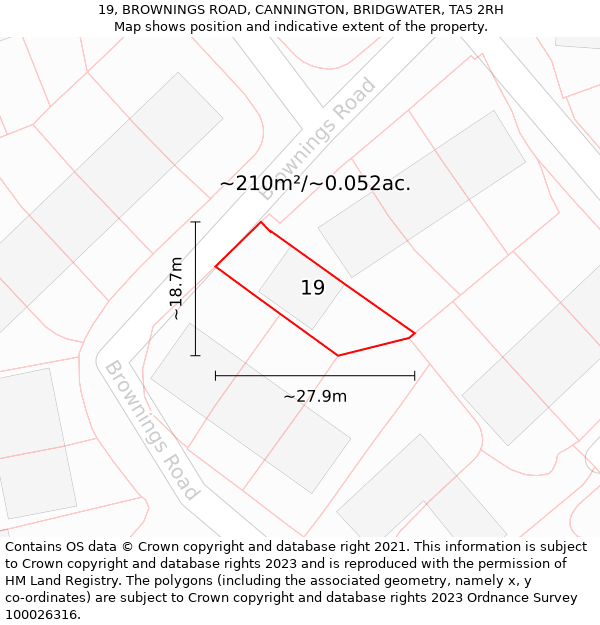 19, BROWNINGS ROAD, CANNINGTON, BRIDGWATER, TA5 2RH: Plot and title map