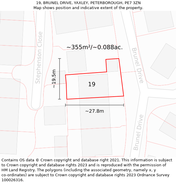 19, BRUNEL DRIVE, YAXLEY, PETERBOROUGH, PE7 3ZN: Plot and title map