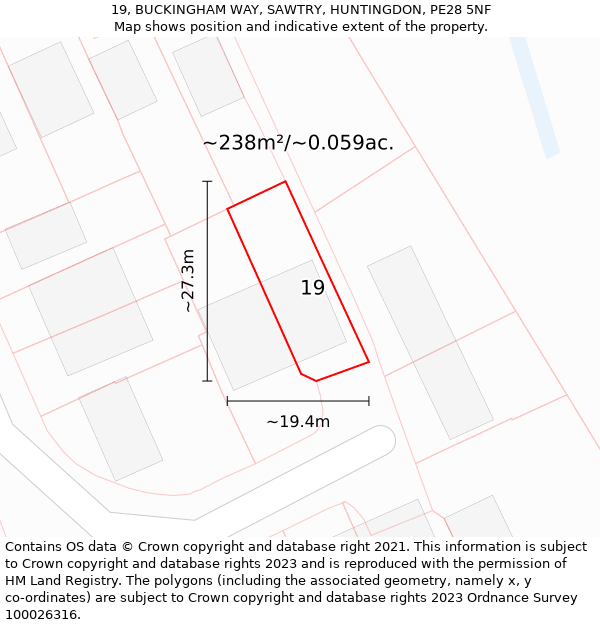 19, BUCKINGHAM WAY, SAWTRY, HUNTINGDON, PE28 5NF: Plot and title map