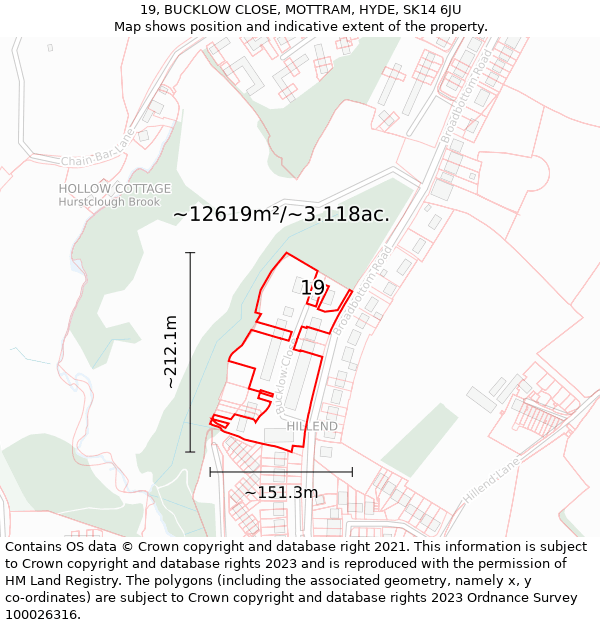 19, BUCKLOW CLOSE, MOTTRAM, HYDE, SK14 6JU: Plot and title map