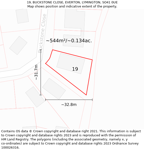 19, BUCKSTONE CLOSE, EVERTON, LYMINGTON, SO41 0UE: Plot and title map