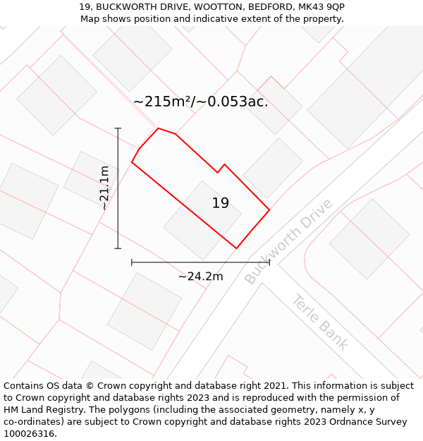 19, BUCKWORTH DRIVE, WOOTTON, BEDFORD, MK43 9QP: Plot and title map