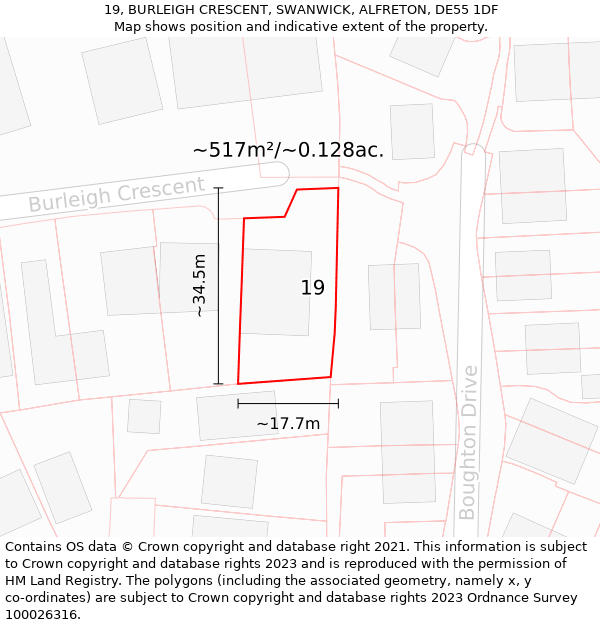 19, BURLEIGH CRESCENT, SWANWICK, ALFRETON, DE55 1DF: Plot and title map