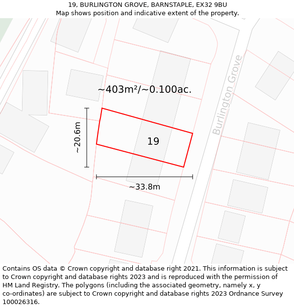 19, BURLINGTON GROVE, BARNSTAPLE, EX32 9BU: Plot and title map