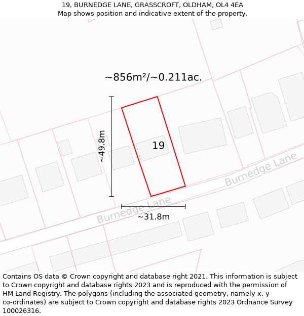 19, BURNEDGE LANE, GRASSCROFT, OLDHAM, OL4 4EA: Plot and title map