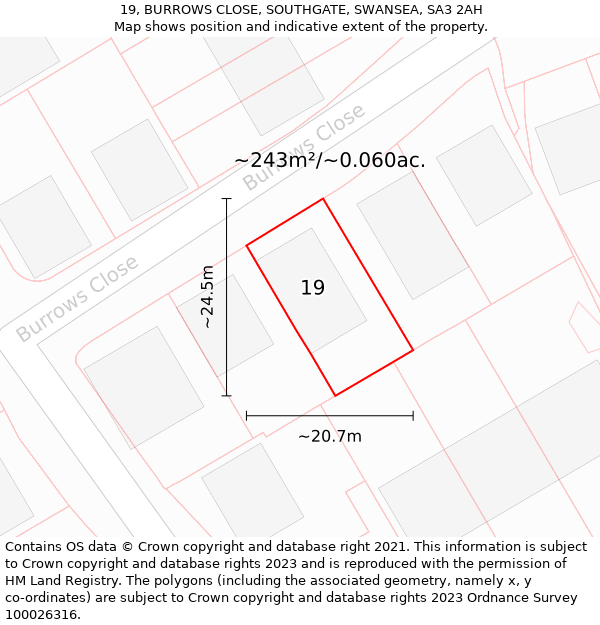 19, BURROWS CLOSE, SOUTHGATE, SWANSEA, SA3 2AH: Plot and title map