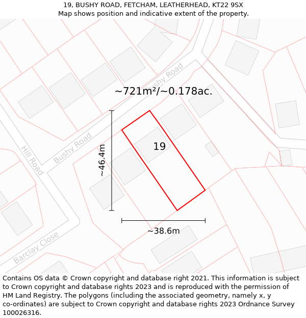 19, BUSHY ROAD, FETCHAM, LEATHERHEAD, KT22 9SX: Plot and title map