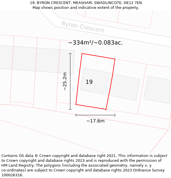 19, BYRON CRESCENT, MEASHAM, SWADLINCOTE, DE12 7EN: Plot and title map