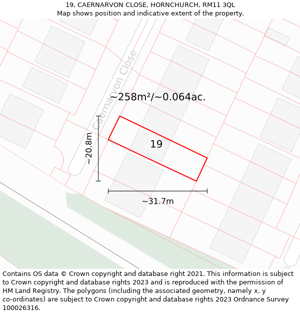 19, CAERNARVON CLOSE, HORNCHURCH, RM11 3QL: Plot and title map