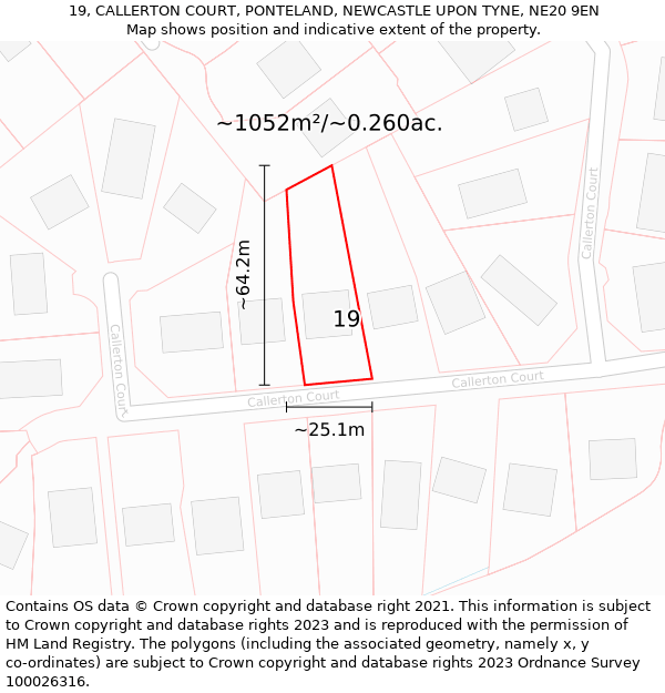 19, CALLERTON COURT, PONTELAND, NEWCASTLE UPON TYNE, NE20 9EN: Plot and title map