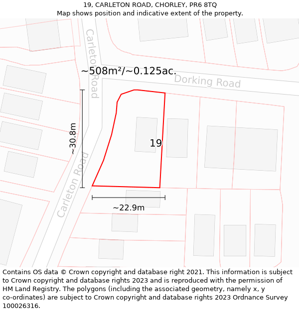 19, CARLETON ROAD, CHORLEY, PR6 8TQ: Plot and title map