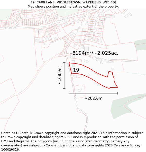 19, CARR LANE, MIDDLESTOWN, WAKEFIELD, WF4 4QJ: Plot and title map