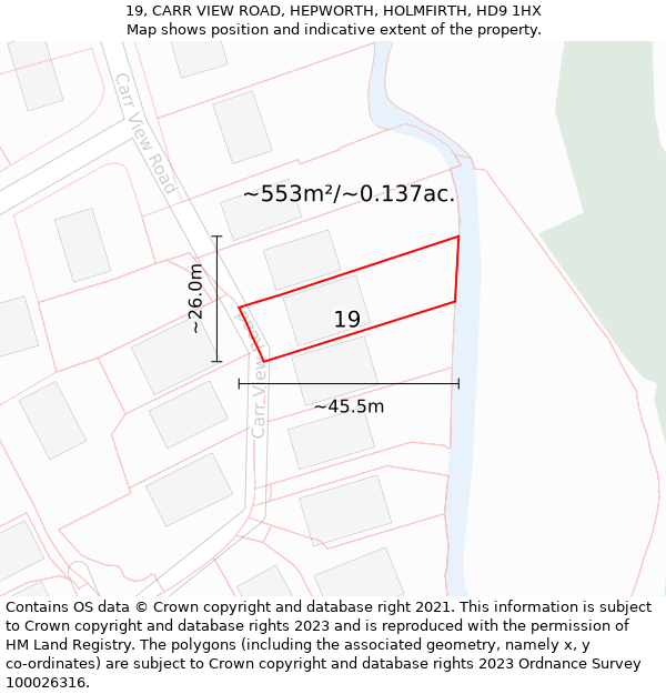 19, CARR VIEW ROAD, HEPWORTH, HOLMFIRTH, HD9 1HX: Plot and title map