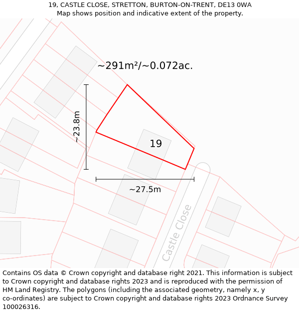 19, CASTLE CLOSE, STRETTON, BURTON-ON-TRENT, DE13 0WA: Plot and title map