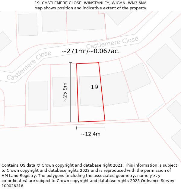 19, CASTLEMERE CLOSE, WINSTANLEY, WIGAN, WN3 6NA: Plot and title map