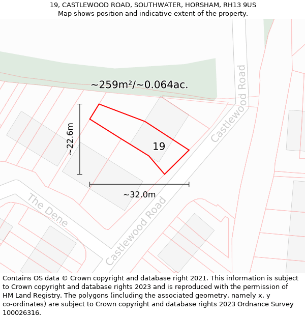 19, CASTLEWOOD ROAD, SOUTHWATER, HORSHAM, RH13 9US: Plot and title map