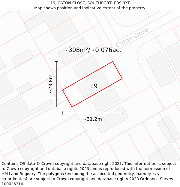 19, CATON CLOSE, SOUTHPORT, PR9 9XF: Plot and title map