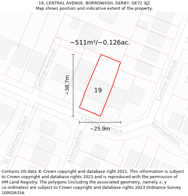 19, CENTRAL AVENUE, BORROWASH, DERBY, DE72 3JZ: Plot and title map