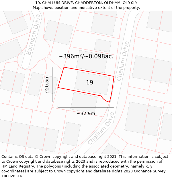 19, CHALLUM DRIVE, CHADDERTON, OLDHAM, OL9 0LY: Plot and title map