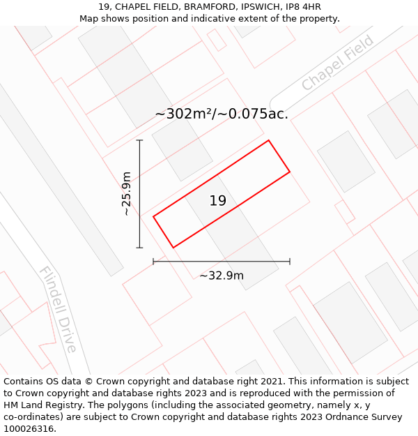 19, CHAPEL FIELD, BRAMFORD, IPSWICH, IP8 4HR: Plot and title map