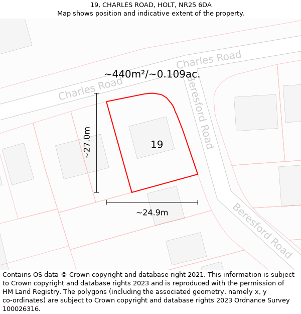 19, CHARLES ROAD, HOLT, NR25 6DA: Plot and title map