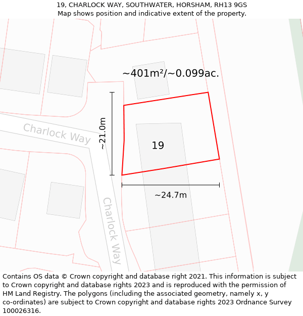 19, CHARLOCK WAY, SOUTHWATER, HORSHAM, RH13 9GS: Plot and title map