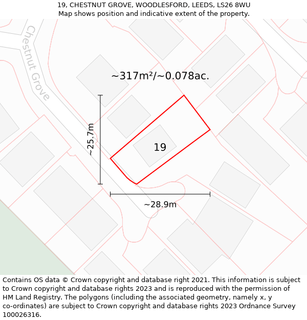 19, CHESTNUT GROVE, WOODLESFORD, LEEDS, LS26 8WU: Plot and title map