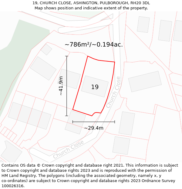 19, CHURCH CLOSE, ASHINGTON, PULBOROUGH, RH20 3DL: Plot and title map