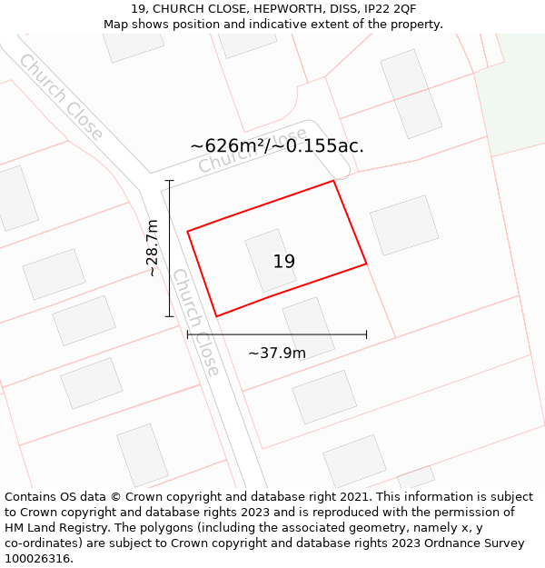 19, CHURCH CLOSE, HEPWORTH, DISS, IP22 2QF: Plot and title map