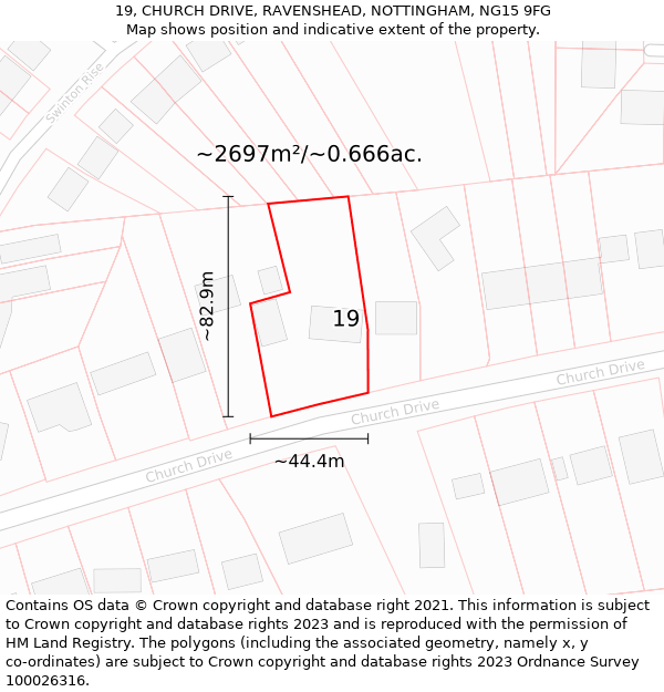 19, CHURCH DRIVE, RAVENSHEAD, NOTTINGHAM, NG15 9FG: Plot and title map