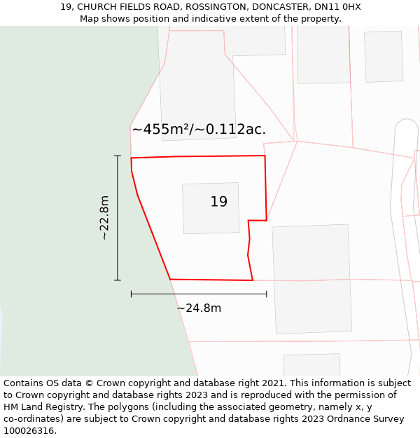 19, CHURCH FIELDS ROAD, ROSSINGTON, DONCASTER, DN11 0HX: Plot and title map