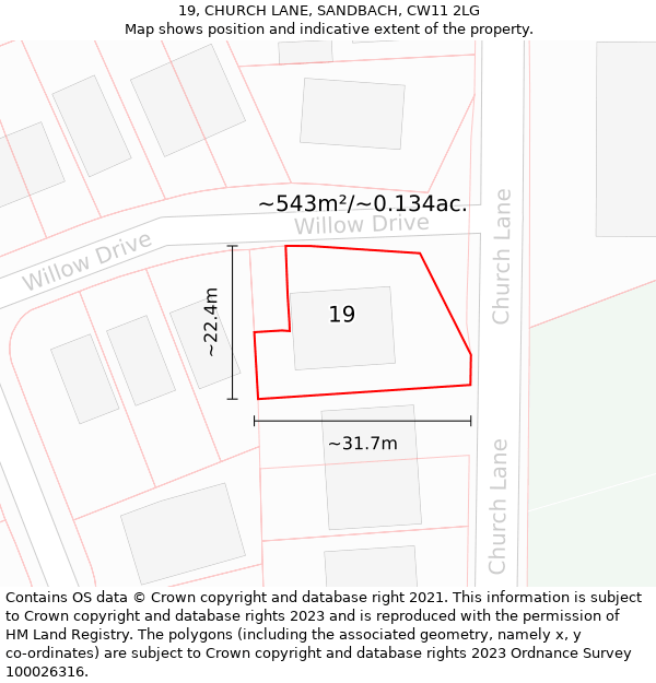 19, CHURCH LANE, SANDBACH, CW11 2LG: Plot and title map