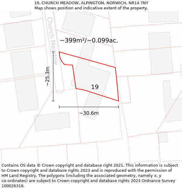 19, CHURCH MEADOW, ALPINGTON, NORWICH, NR14 7NY: Plot and title map