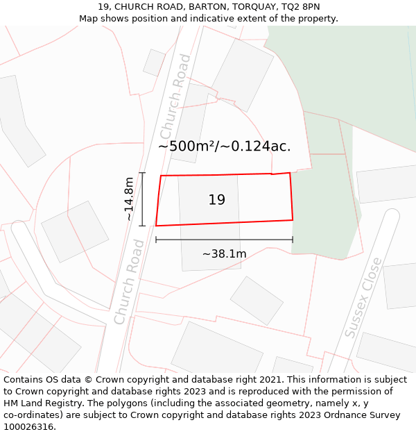 19, CHURCH ROAD, BARTON, TORQUAY, TQ2 8PN: Plot and title map