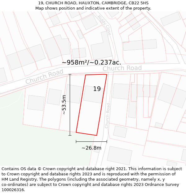 19, CHURCH ROAD, HAUXTON, CAMBRIDGE, CB22 5HS: Plot and title map