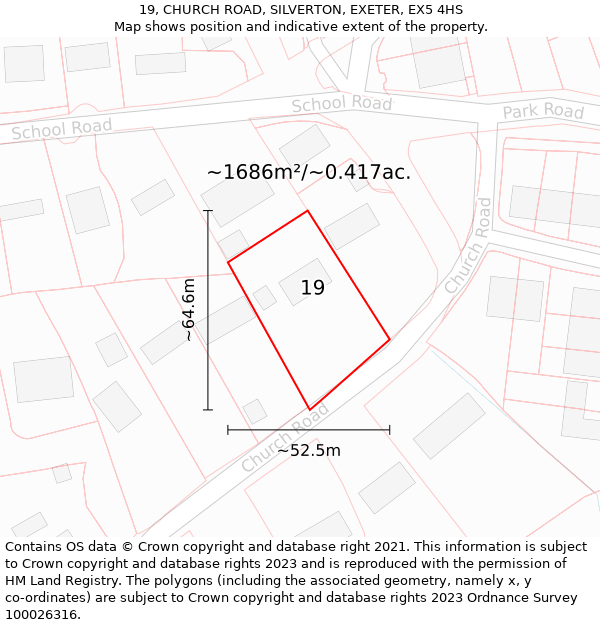 19, CHURCH ROAD, SILVERTON, EXETER, EX5 4HS: Plot and title map
