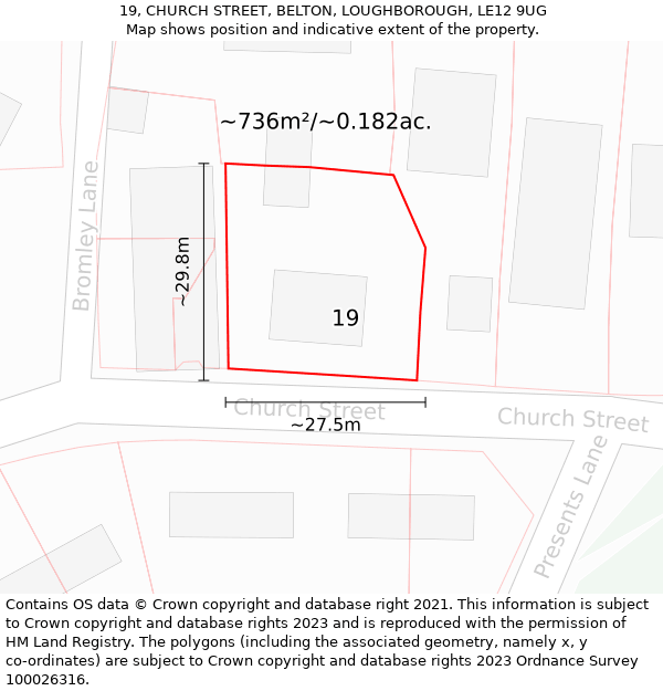 19, CHURCH STREET, BELTON, LOUGHBOROUGH, LE12 9UG: Plot and title map